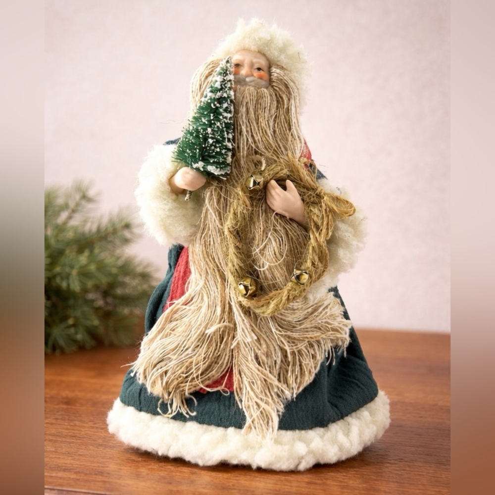 Vintage Santa Claus Tree Topper 6.5” Cloth Fabric Beard Bells Christmas